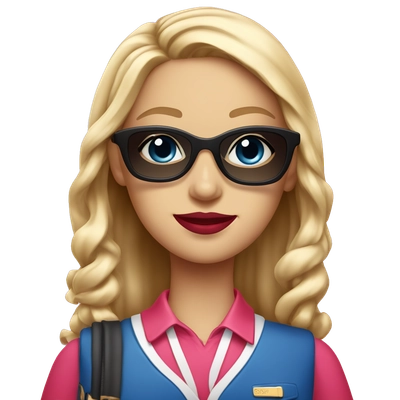 Popular schoolgirl- red lipstick, pink uniform, flashy sunglasses, a purse, and blue eyes
