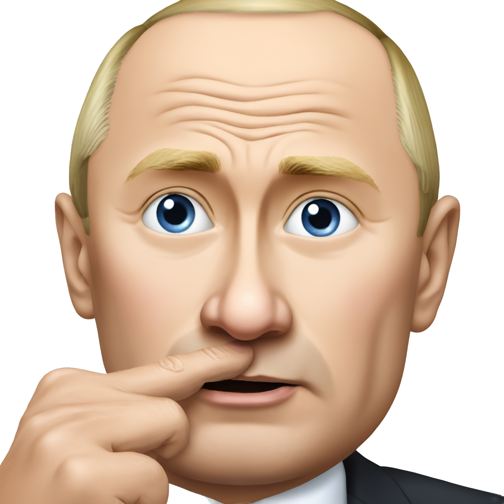 Putin, his index finger pressed against his lips