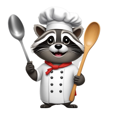 raccoon in a chef's hat with a big spoon