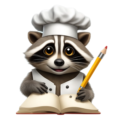 raccoon in a chef's hat with a pencil and a notebook