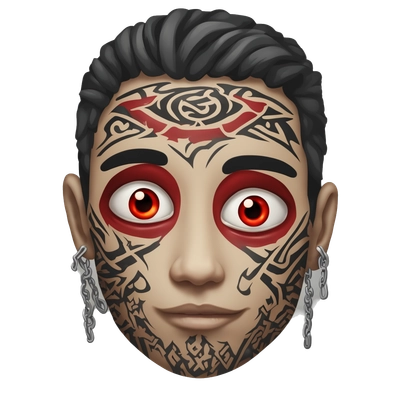 Red eyes tribal tattoo on his face Japanese symbols chain skeleton were drowning in his ears