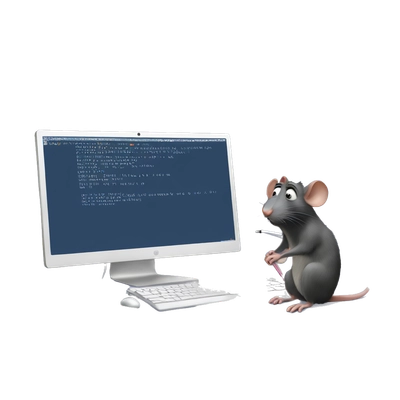 Remi the rat from ratatouille writing code on a computer 