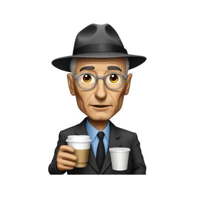 Robert Oppenheimer with plastic cup of coffee