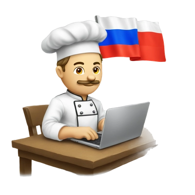 russian chef working on laptop (show from side with russian flag on hat)