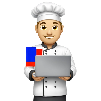 russian chef working on laptop
(show from side with russian flag
on hat)