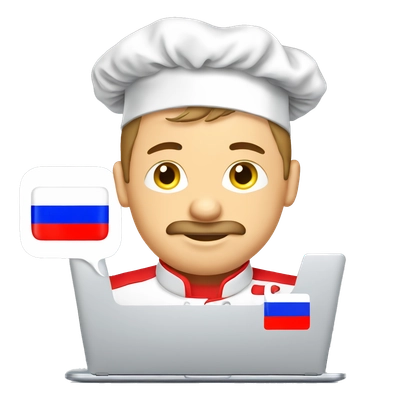 russian guy on laptop wih chefs outfit. Add russian flag to chefs hat