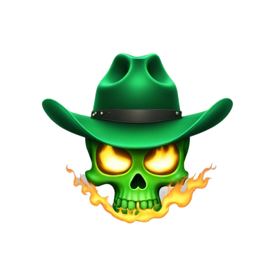scull with green fire and cowboy hat smiling crazy