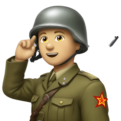 Soviet WWII soldier salutes, holding a PPSh-41. Wears an SSh-40 helmet. 