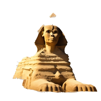 Sphinx of Giza at sunset, Khufu Pyramid behind