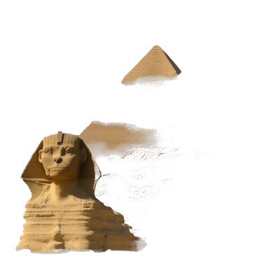 Sphinx of Giza at sunset, Khufu Pyramid behind. Weathered face and paws prominent against blue sky