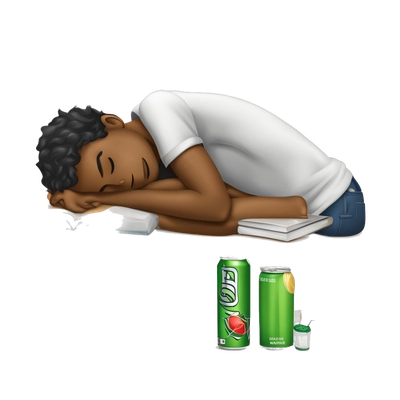student sleeping on table with energy drink