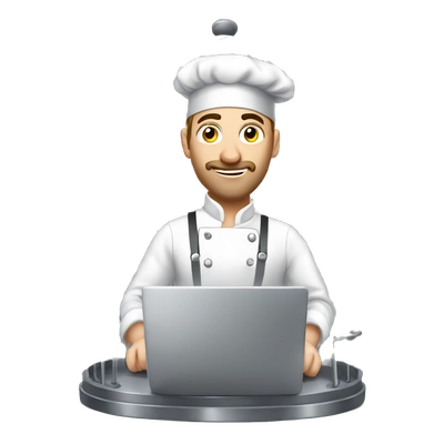 tall russian guy in a chefs outfit working on a laptop in a cage