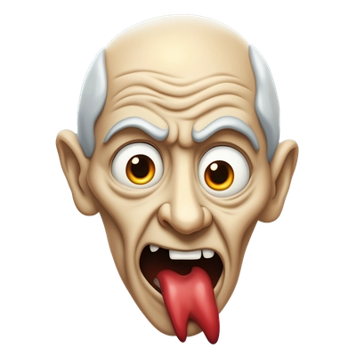 the face of an old dracula with a long tongue and a wrinkled forehead, red shifty eyes