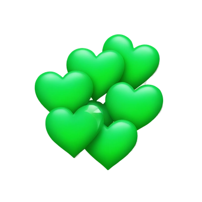 three green hearts with bright