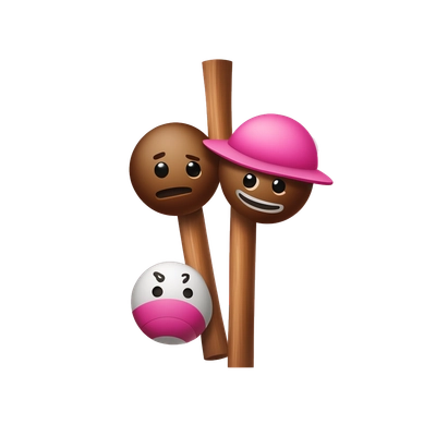 Two brown playing balls lie together. Between them stands a brown wooden pole with a pink hat on top of it