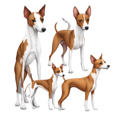 two dogs
A Basenji with short red-and-white fur, upright ears, and a curled tail stands on the left. On the right, an Italian Greyhound with smooth dark gray fur, a white chest patch, and one white hind paw, slim with long legs and an elongated body.