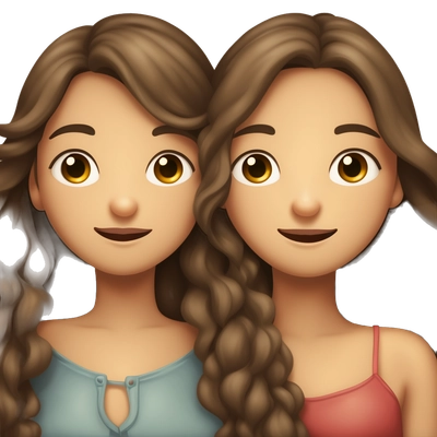 Two long-haired brunette girls, one with darker brown hair and the other with lighter brown hair, are hugging each other with their eyes closed and cuddling up to each other
