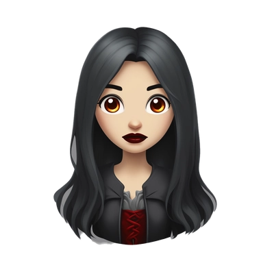 vampire girl black long hair gray eyes dark gray clothes gray background and blood in lips 