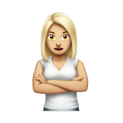 white blonde angry female holding neck with arms crossed