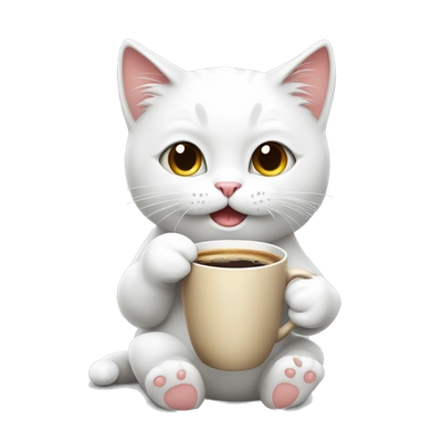 white cute cat holding cup of coffee in hands very sed, 
