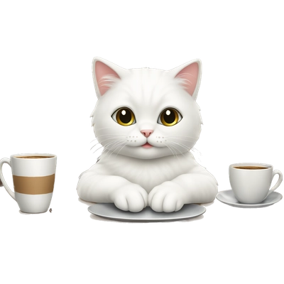 White cute cat sitting at the table very sed with cup of coffee