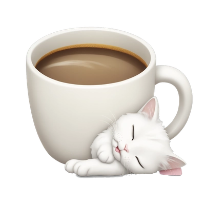 white cute cat sleeping next to a cup of coffee