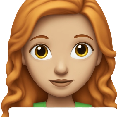 White girl with green eyes, long red hair, holding an apple laptop