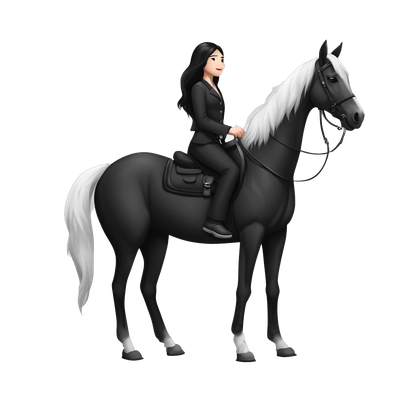 White horse on sit black hair and black tisrt and pants black shoos black 