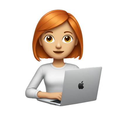 White redheaded girl with short straight hair with apple laptop