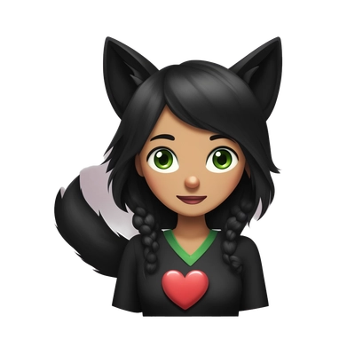 With a heart in hands, a girl with black fox ears and a tail, green eyes, dark hair