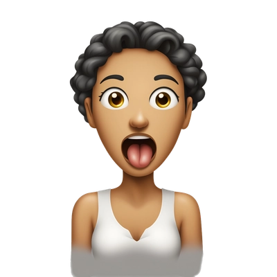 Woman with hands around throat eyes wide and tounge out of open mouth
