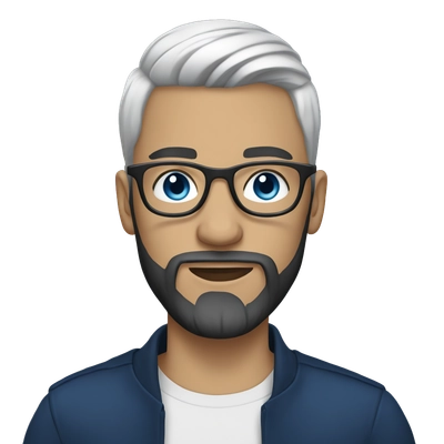 Young man, white-length hair, blue eyes, glasses, beard, tattoos, oversized dark blue outfit