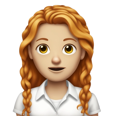 zombie ginger white girl with hazel eyes, french fringe and long hair wearing a white shirt