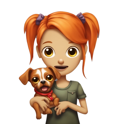zombie girl with long orange hair with a red toy terrier dog in her hands