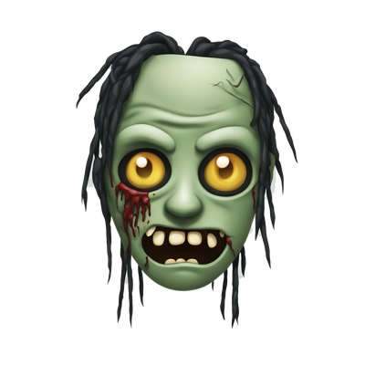 Zombie head with black dreadlocks covering part of the face 